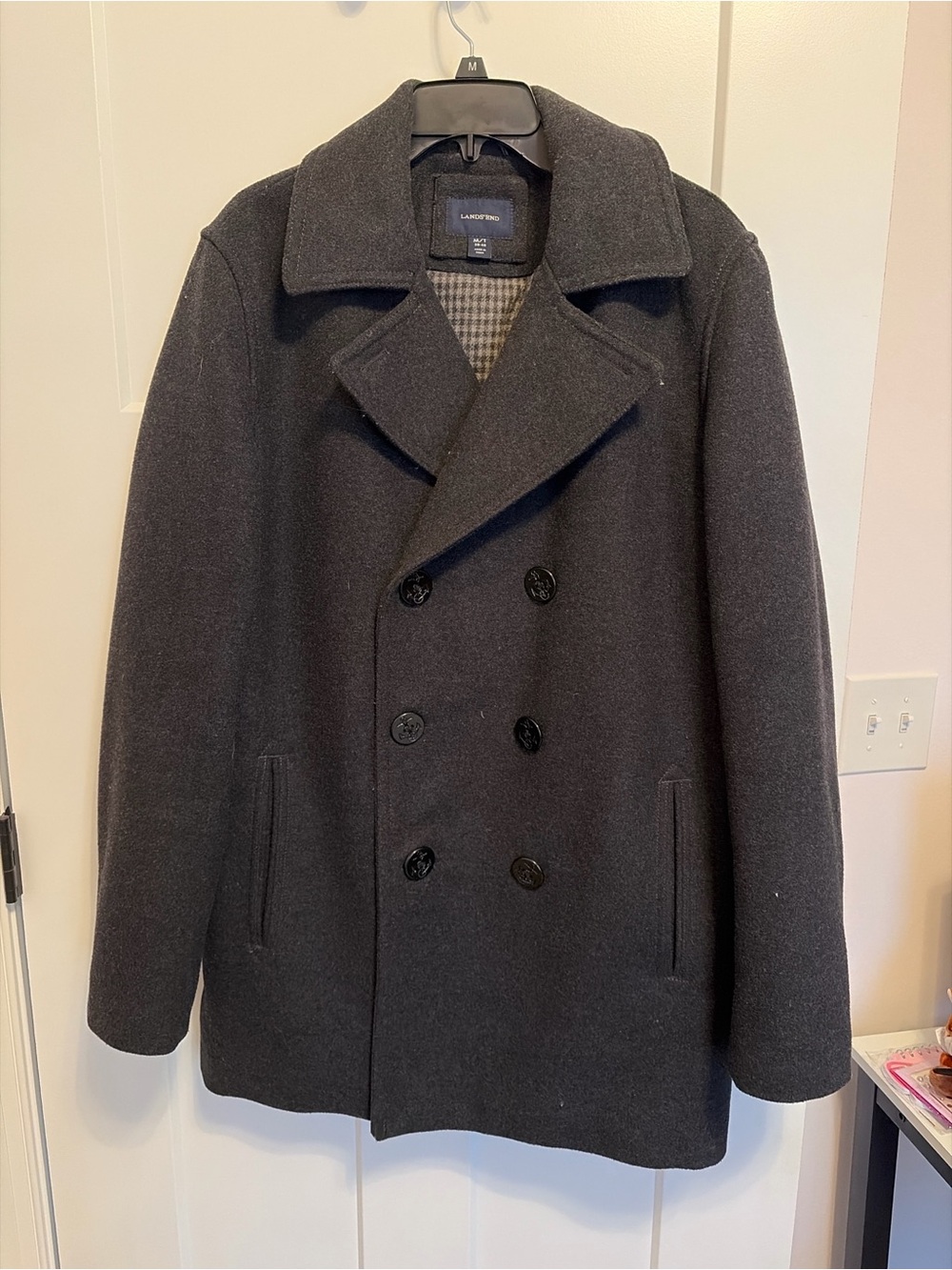 Lands' End Men's Double-Breasted Pea Coat - Charcoal Gray